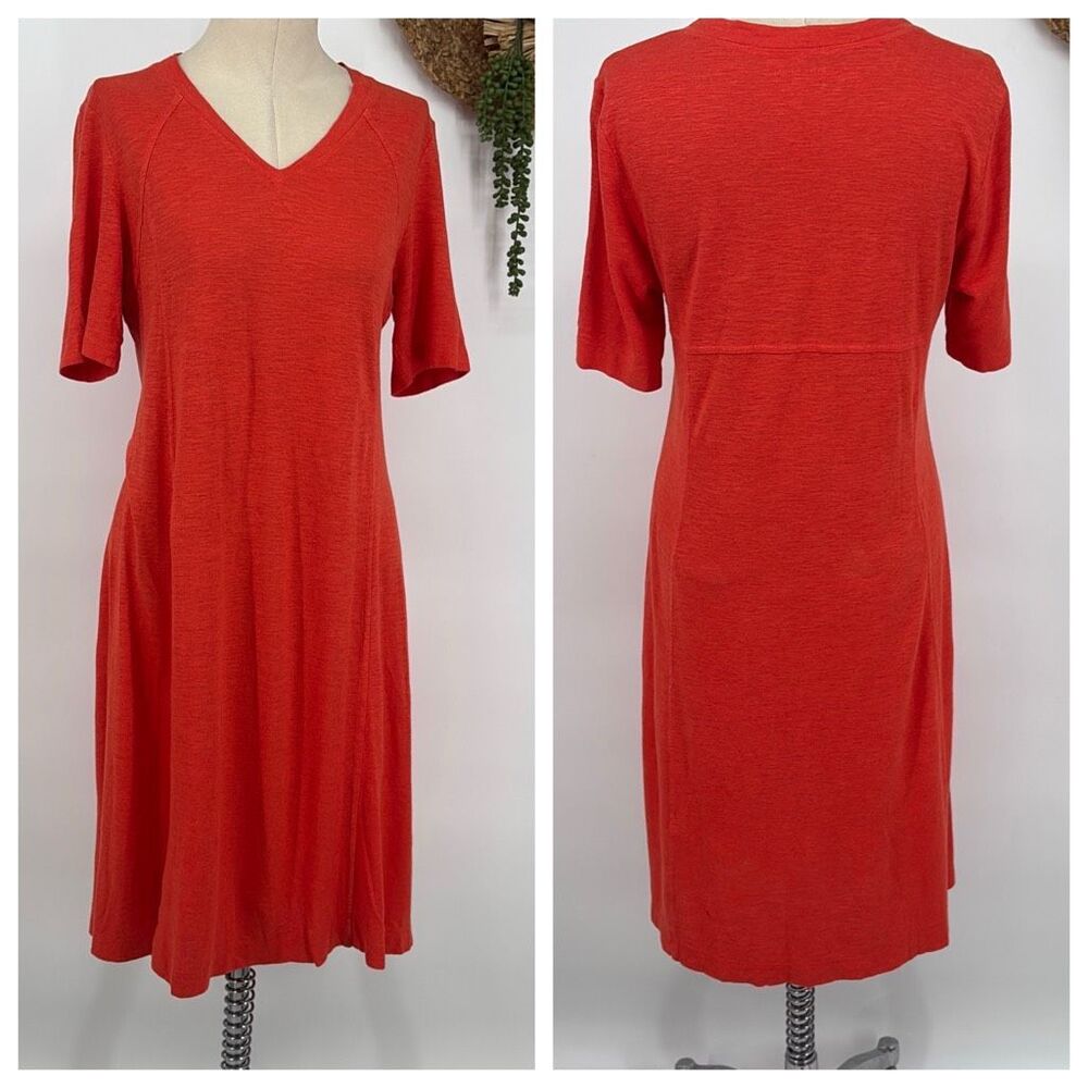 Eileen Fisher‎ organic cotton and hemp deep v neck midi dress Geranium Small